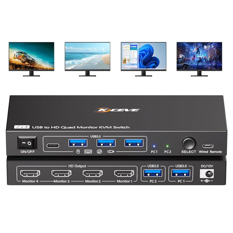 MLEEDA Quad Monitor KVM Switch 4 Monitors 2 Computers 1080P@60Hz,USB 3.0 KVM Switch Quad Monitor for 2 PC Share 4 Monitors and 4 USB Device,with Wired Remote and 2 USB Cables,Driver Installation is Required - Image 1